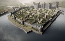 Llun Adluniad Caernarfon c.1330 - Hawlfraint Ein Treftadaeth / Reconstruction drawing Caernarfon c.1330 - Copyright Our Heritage