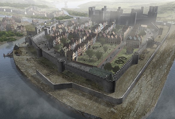 Llun Adluniad Caernarfon c.1660 - Hawlfraint Ein Treftadaeth / Reconstruction drawing Caernarfon c.1660 - Copyright Our Heritage